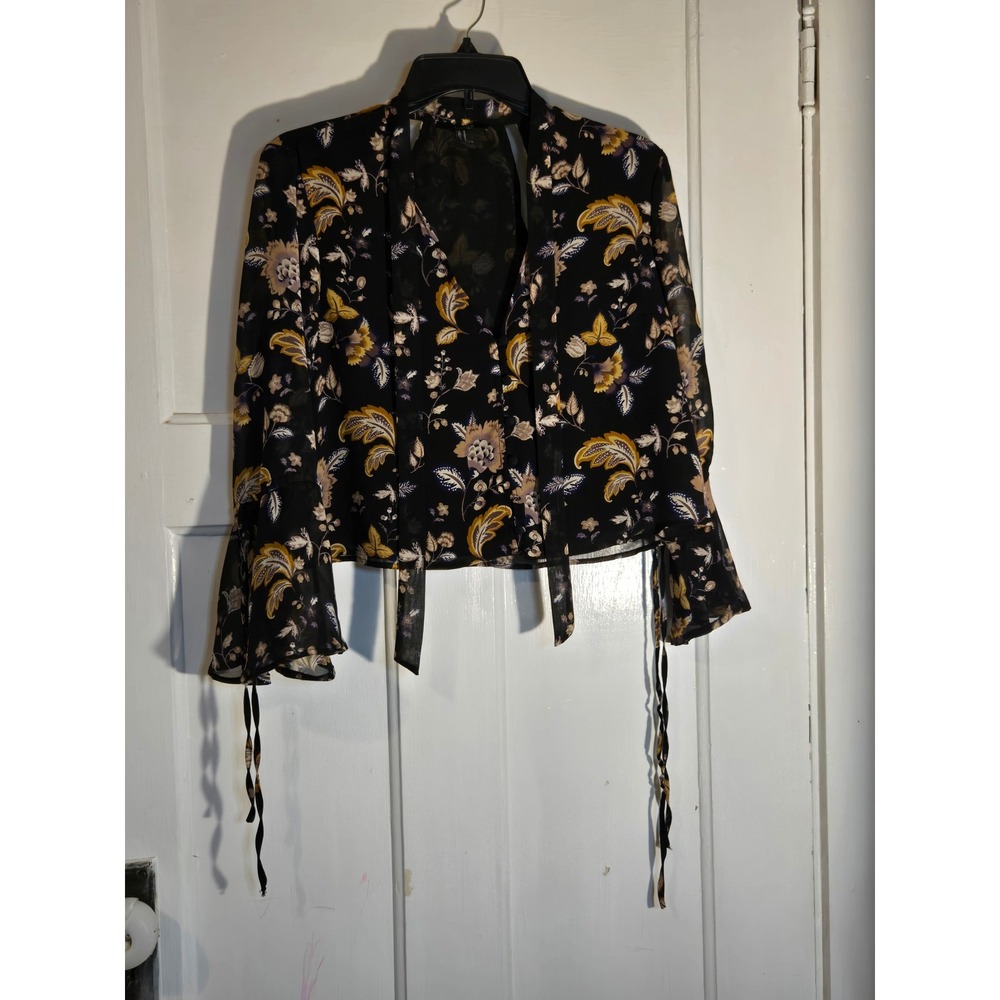 Forever 21 Floral Paisley Chiffon Blouse Black Yellow Bell Sleeve Tie Top Medium